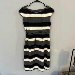 Calvin Klein Striped Midi Dress Cap Sleeves Womens Size 10 Belt Gray Black White